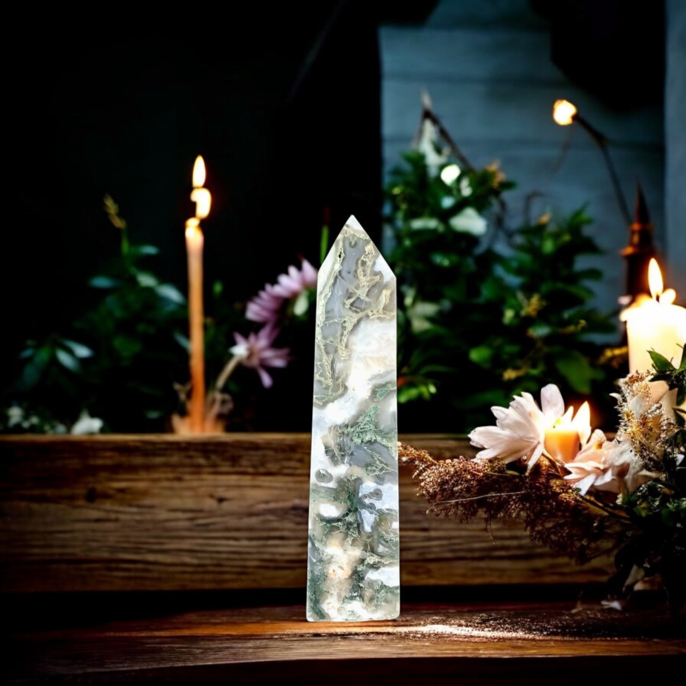 Moss Agate Obelisk